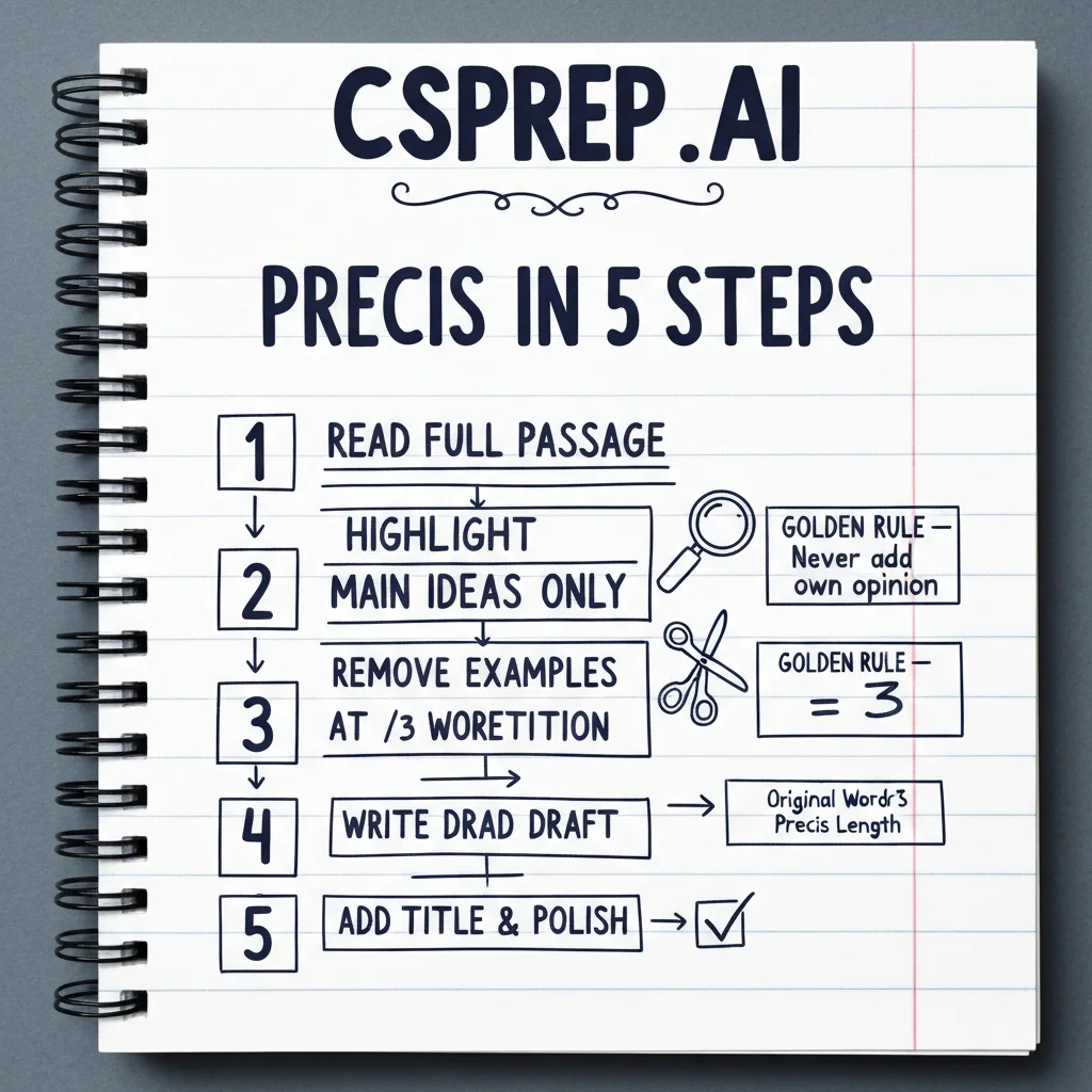 CSSPrep.AI infographic: CSS English precis writing steps — read, cut, condense to one-third, title