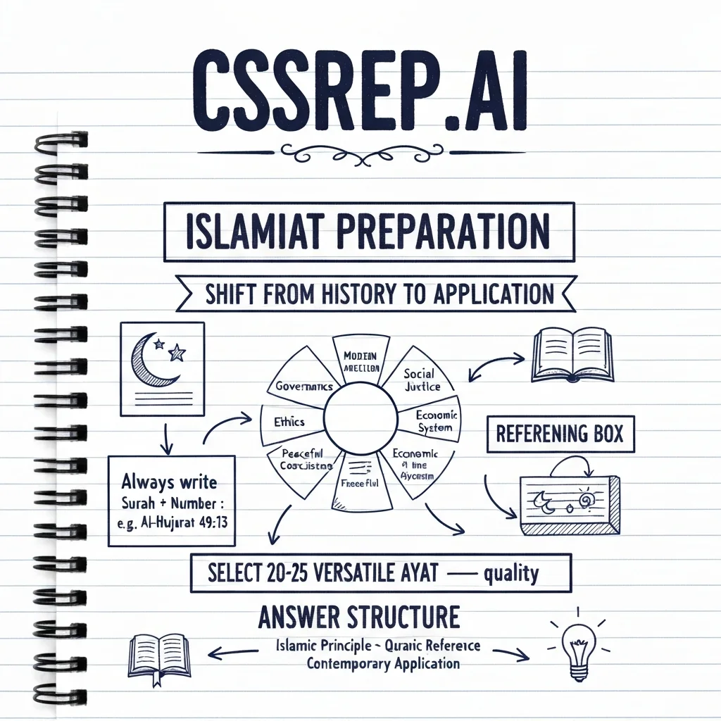 CSSPrep.AI infographic: CSS Islamic studies preparation — application over memorisation, referencing Quran and Hadith