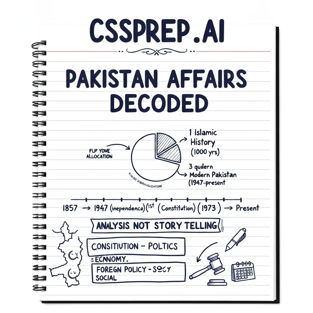 CSSPrep.AI infographic: CSS Pakistan Affairs syllabus breakdown — time allocation between Islamic history and modern Pakistan