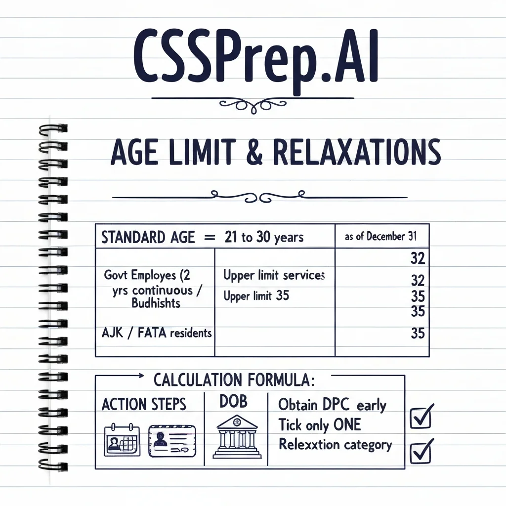 CSSPrep.AI infographic: CSS age limit and relaxation rules — standard 21-30, government employees, and other categories