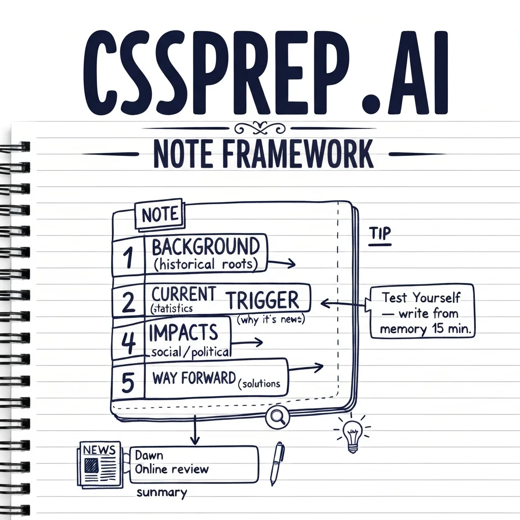 CSSPrep.AI infographic: CSS current affairs note-taking framework — 5-part structure for every topic