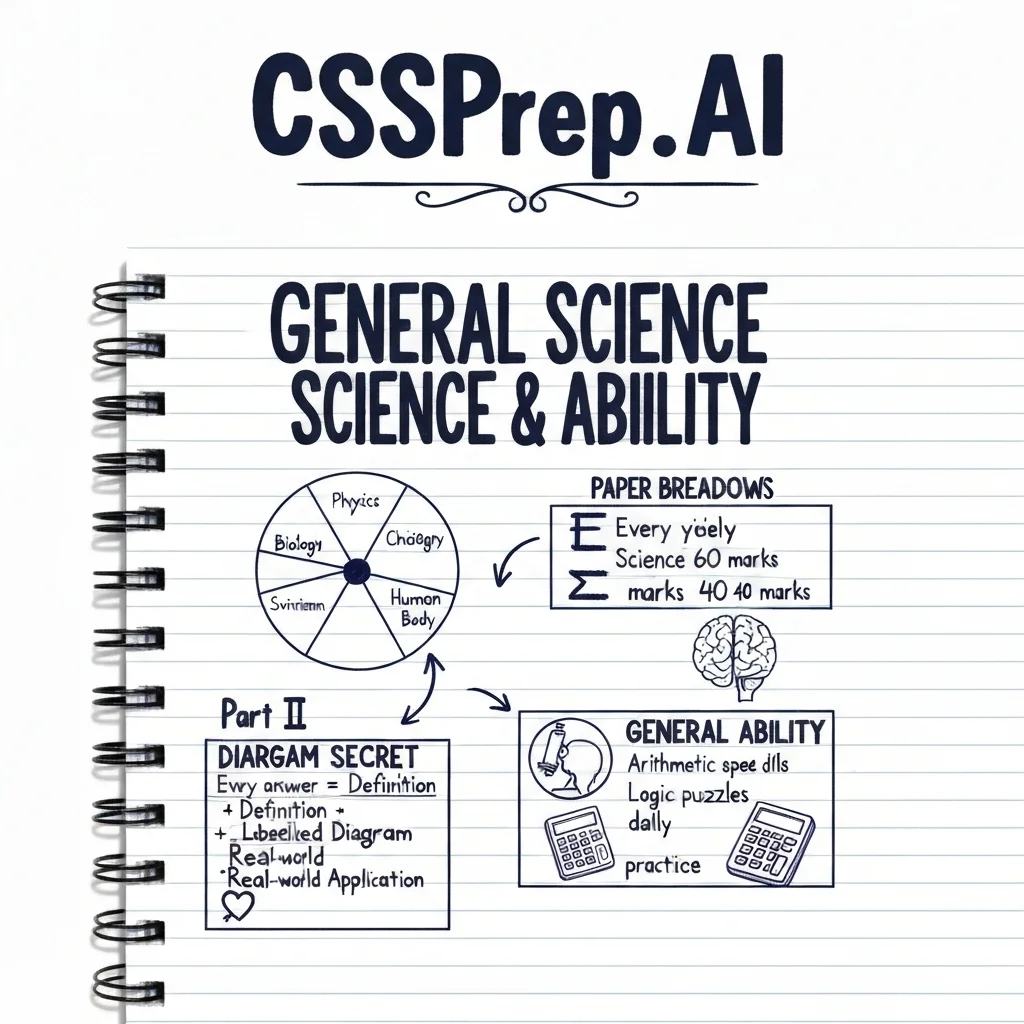 CSSPrep.AI infographic: CSS General Science and Ability — 100-mark breakdown, diagram technique, and key everyday science topics