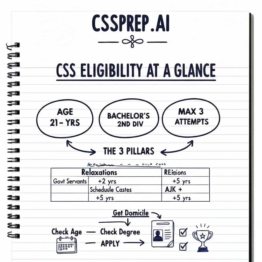 CSSPrep.AI infographic: CSS 2027 eligibility criteria — age, education, domicile, and attempts at a glance