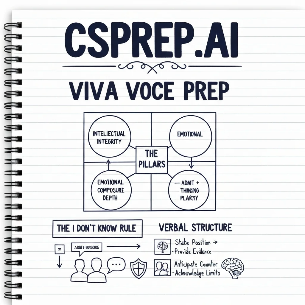CSSPrep.AI infographic: CSS viva voce interview preparation — four pillars, panel dynamics, and verbal argument structure