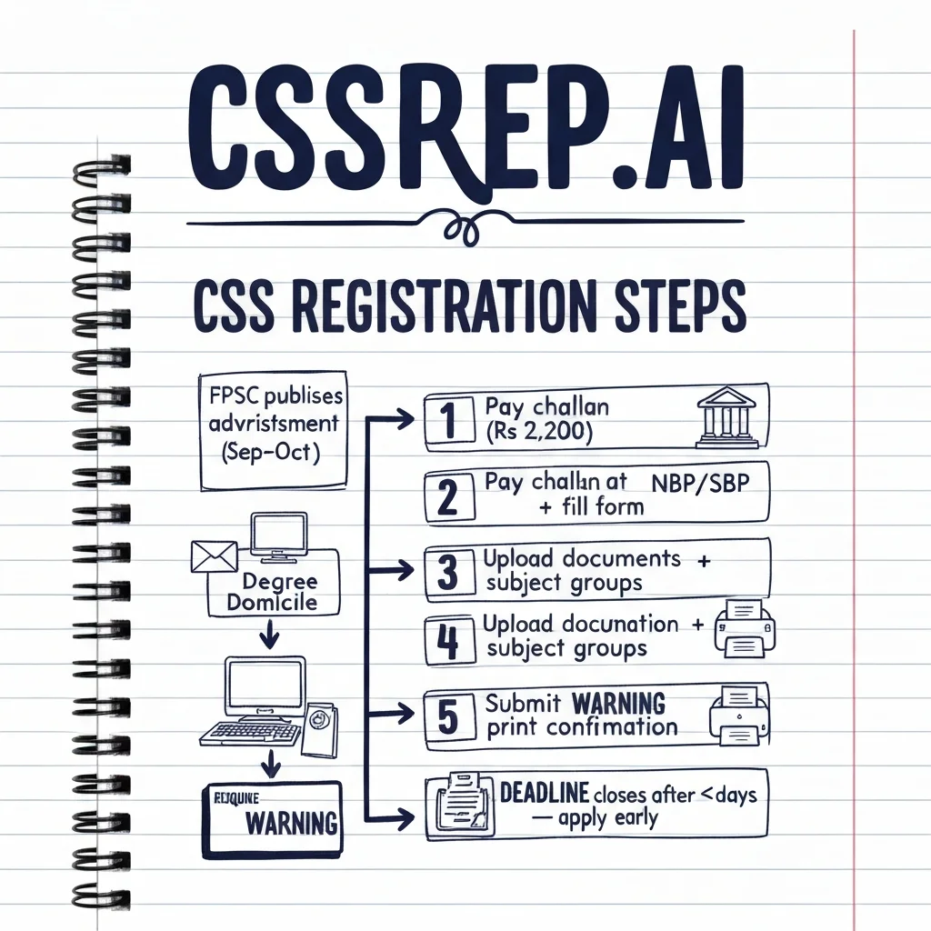 CSSPrep.AI infographic: FPSC CSS online registration step-by-step — challan, portal, documents, and final submission