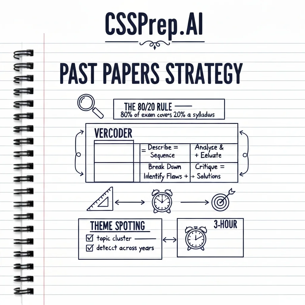 CSSPrep.AI infographic: CSS past papers analysis strategy — 5-year audit, examiner verb decoding, theme spotting