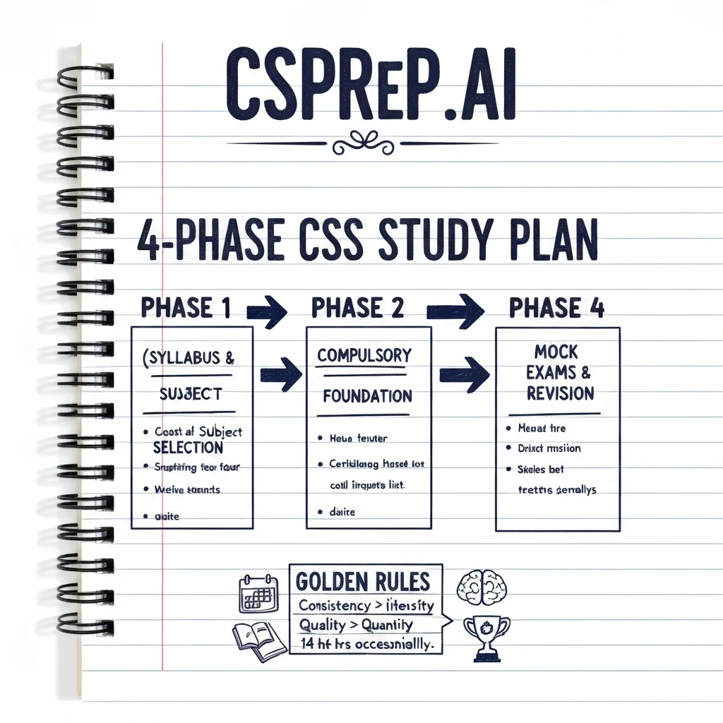 CSSPrep.AI infographic: 4-phase CSS study plan for beginners — syllabus orientation, foundation, optionals, mock exams