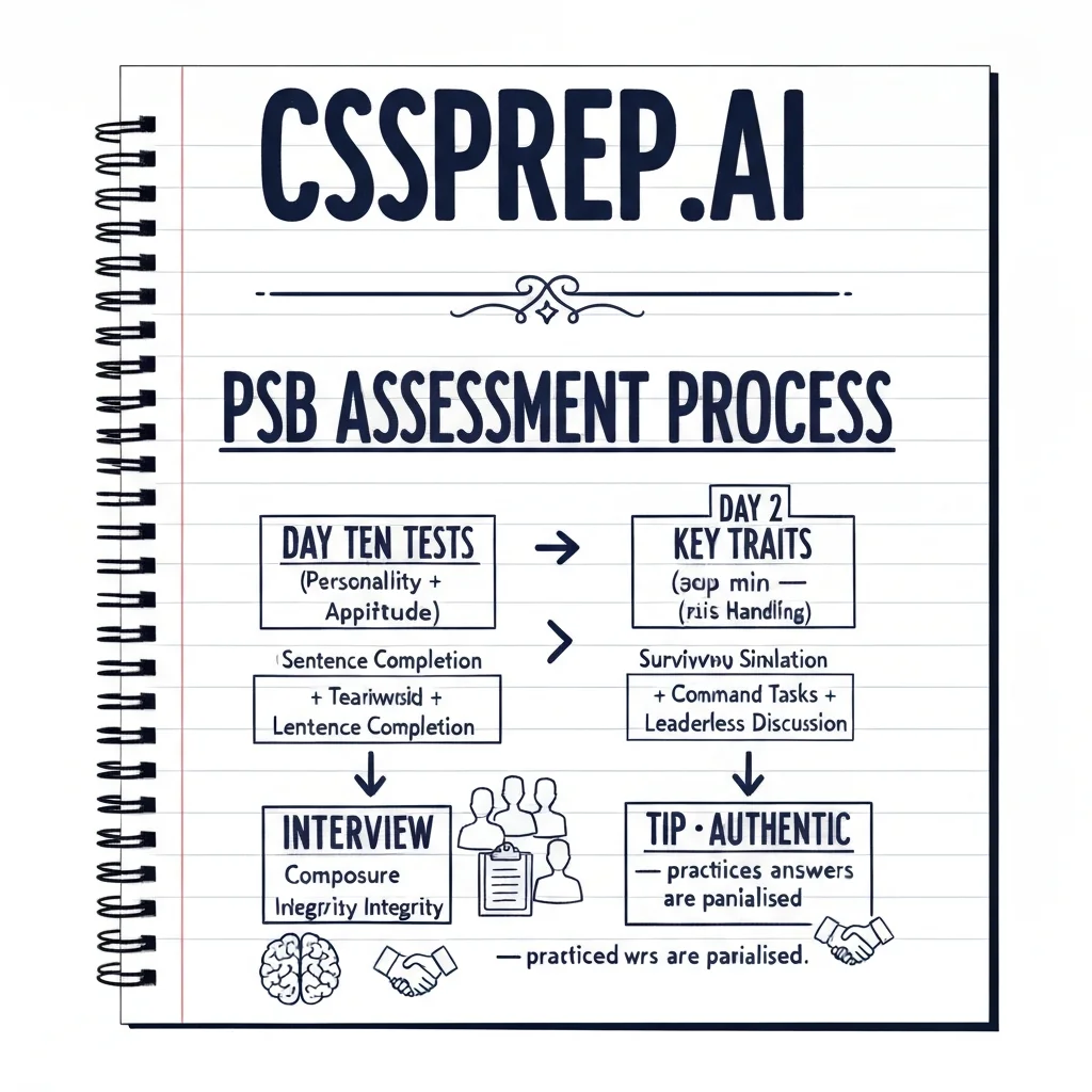 CSSPrep.AI infographic: CSS psychological assessment process — written tests, group activities, and psychologist interview