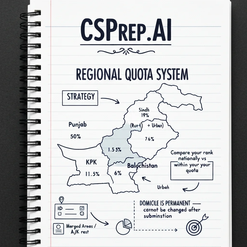 CSSPrep.AI infographic: CSS regional quota system — province-wise seat allocation and domicile strategy