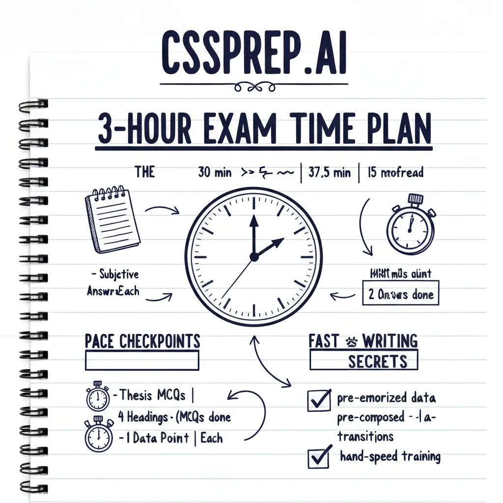 CSSPrep.AI infographic: CSS exam hall time management — 3-hour breakdown, 5-minute outline, and pace checkpoints