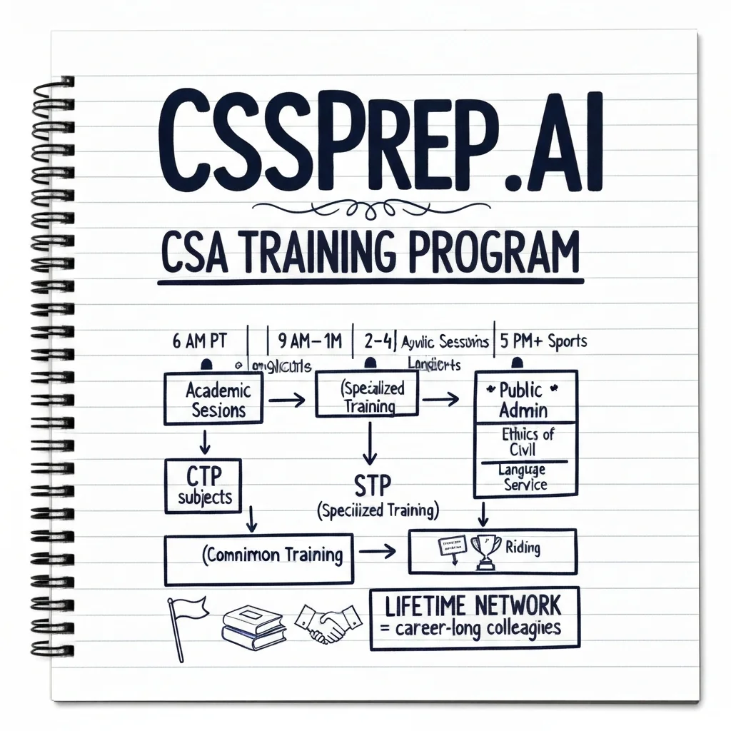 CSSPrep.AI infographic: Civil Services Academy CSA Lahore training program — daily schedule, CTP, and STP phases