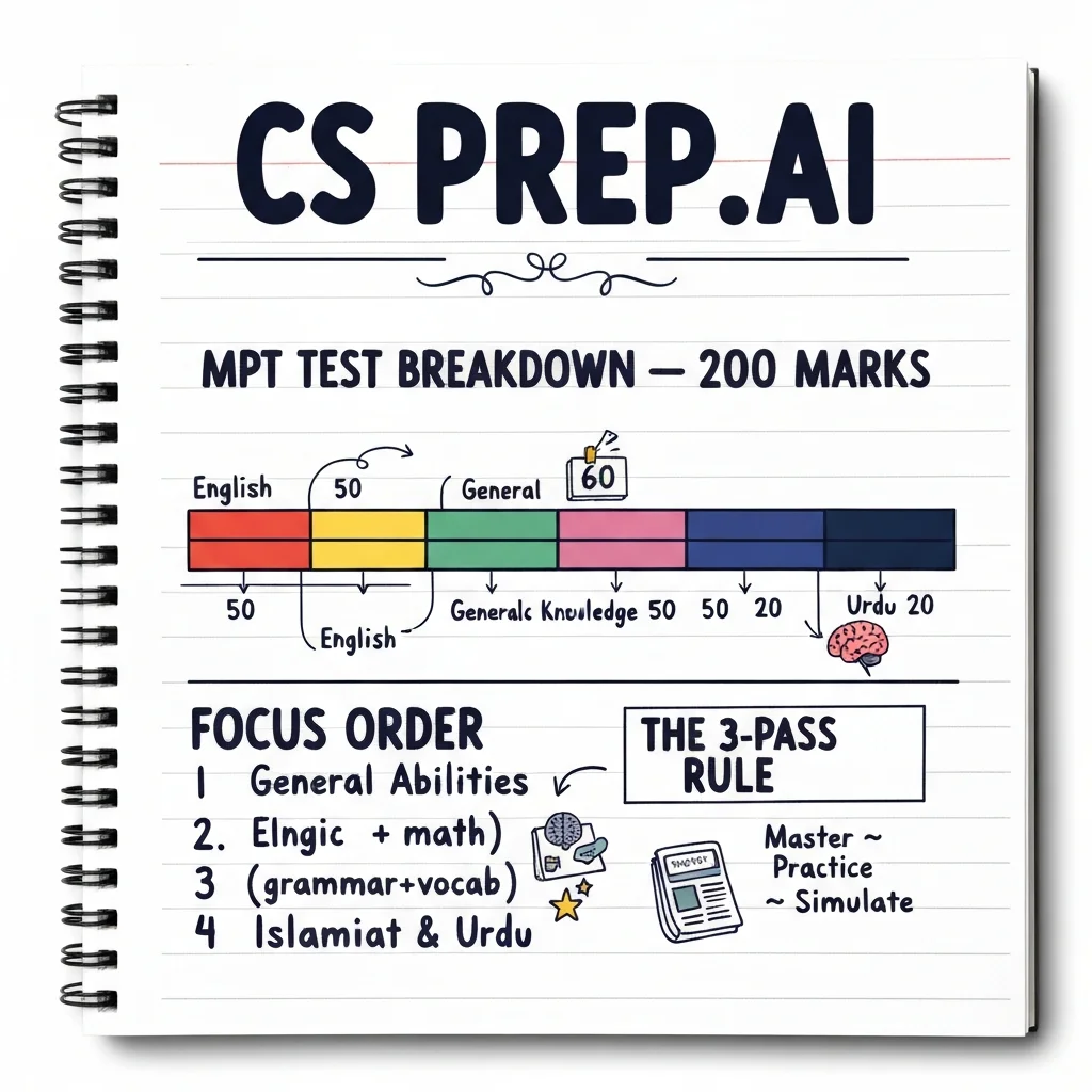 CSSPrep.AI infographic: FPSC MPT test 200-mark breakdown and preparation strategy for each section