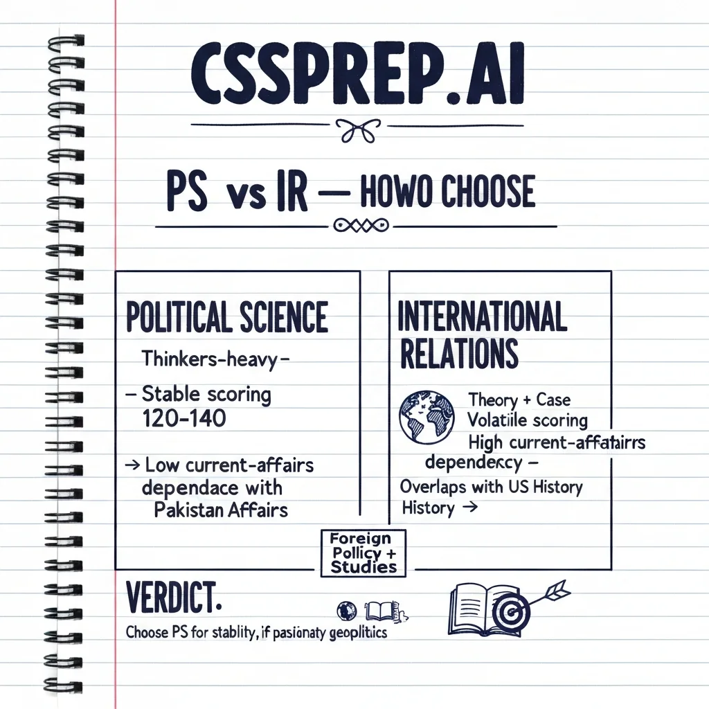 CSSPrep.AI infographic: political science vs international relations CSS comparison — syllabus, scoring, and overlap