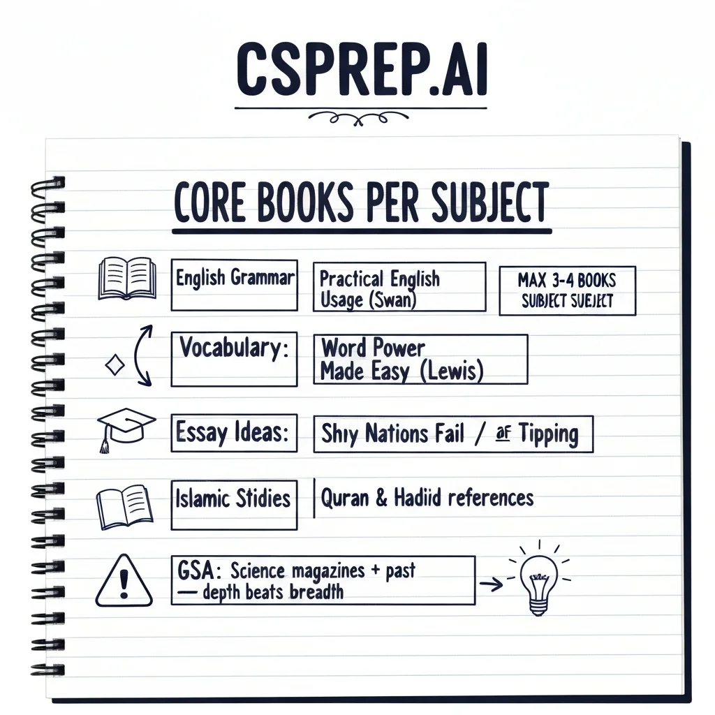 CSSPrep.AI infographic: best books for CSS compulsory subjects — English, Pakistan Affairs, Islamic Studies, and more