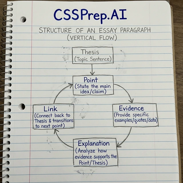 A hand-drawn diagram showing the anatomy and PEEL structure of a perfect CSS English Essay paragraph, featuring a vertical flowchart with point, evidence, explanation, and link boxes with the CSSPrep.AI logo.