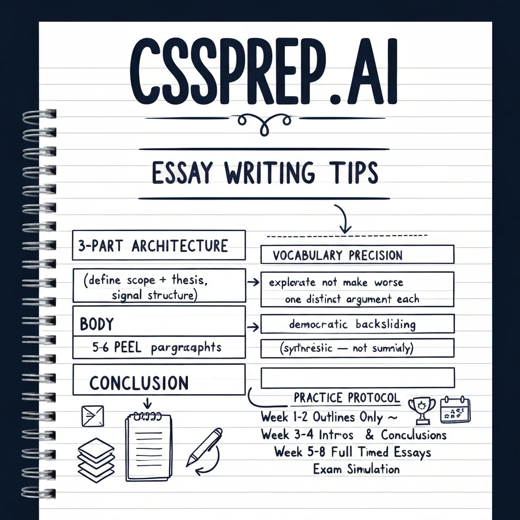 CSSPrep.AI infographic: CSS essay writing tips — 3-part architecture, vocabulary precision, and 12-week practice protocol