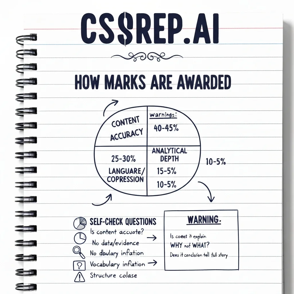 CSSPrep.AI infographic: CSS marking scheme — four pillars of marks and common mistakes examiners penalise
