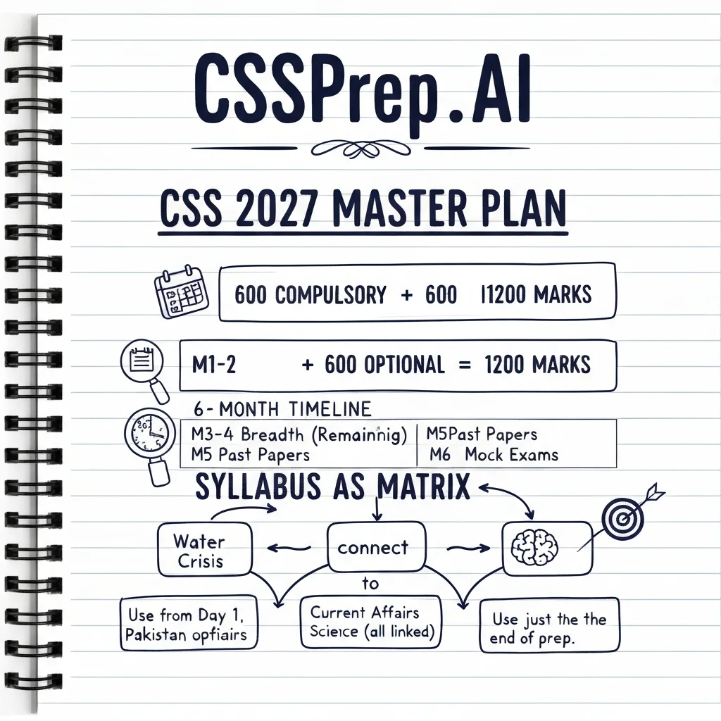 CSSPrep.AI infographic: ultimate CSS 2027 exam preparation guide — 1200-mark breakdown and 6-month study timeline