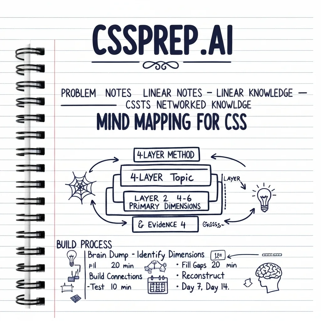 CSSPrep.AI infographic: mind map study technique for CSS — 4-layer method, best topics, and spaced repetition integration