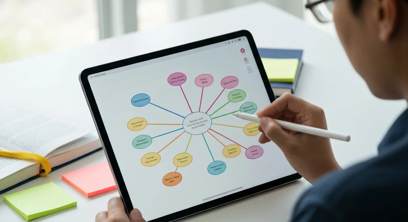 CSS mind map study technique hero — student creating a colourful mind map on a tablet with reference books