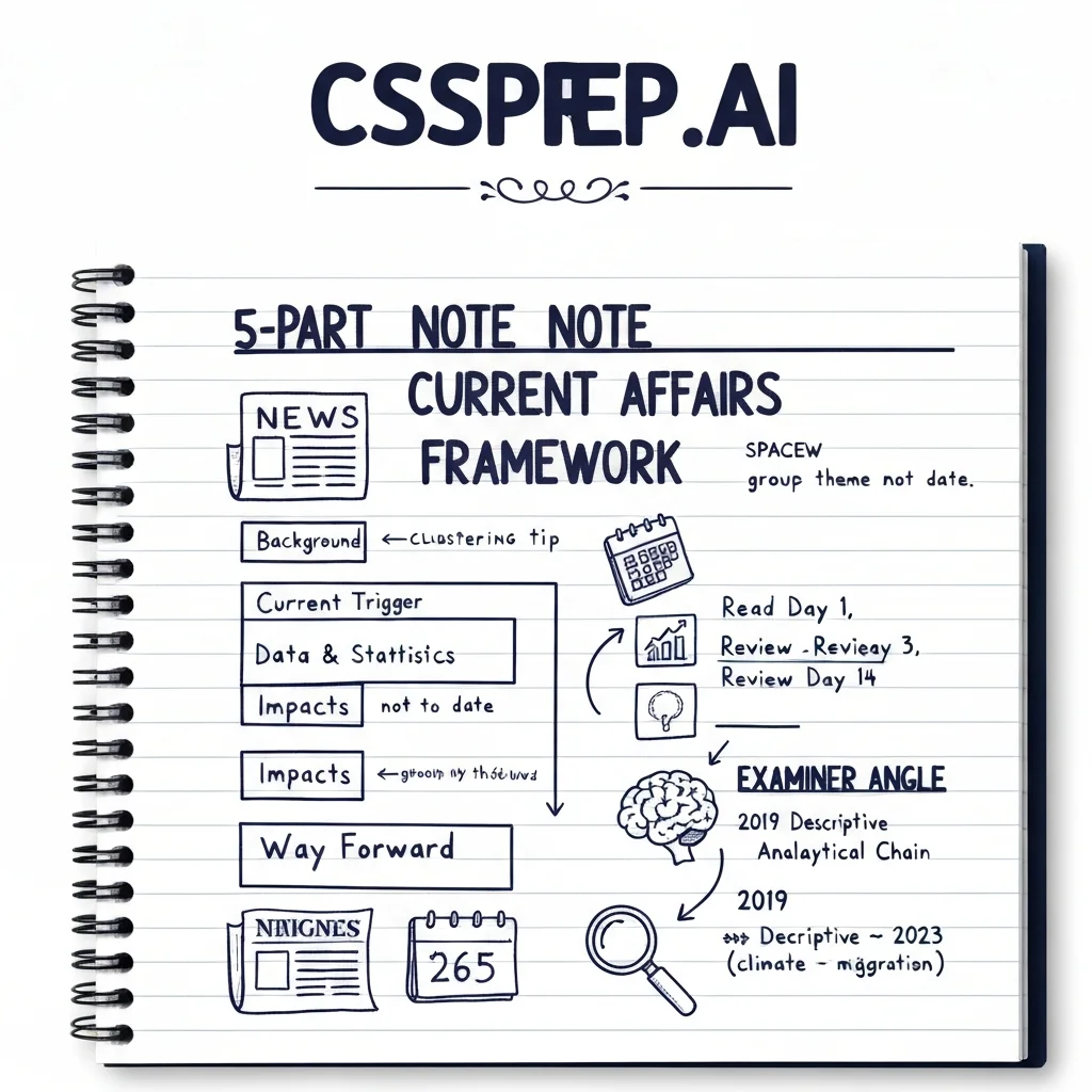 CSSPrep.AI infographic: CSS current affairs preparation framework — note architecture, spaced review, and exam-angle analysis