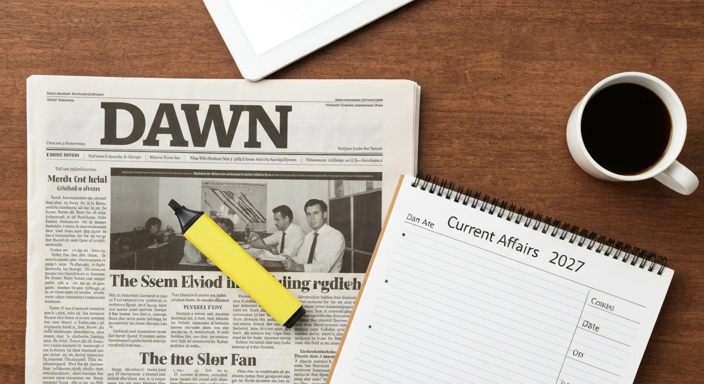 CSS Pakistan current affairs preparation hero — DAWN newspaper with highlighted notes and structured study journal