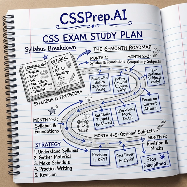 A hand-drawn diagram illustrating a comprehensive 6-month study plan and syllabus breakdown for the FPSC CSS 2027 Exam, showing a roadmap with milestones and the CSSPrep.AI logo.