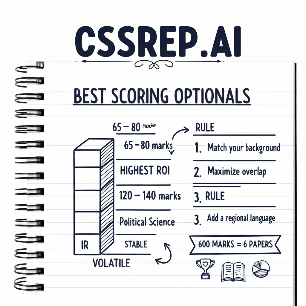 CSSPrep.AI infographic: top high-scoring CSS optional subjects — regional languages, political science, and scoring strategy