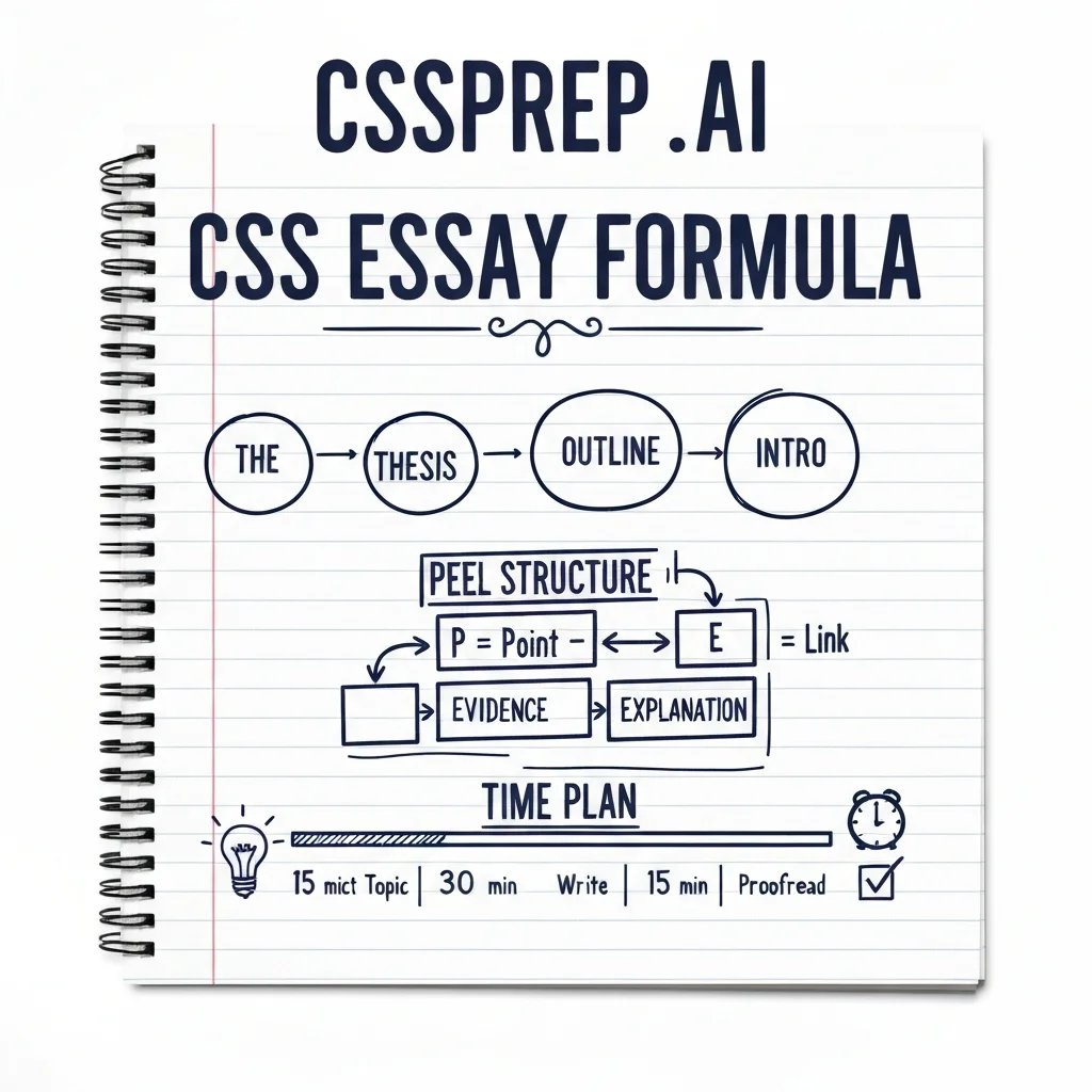CSSPrep.AI infographic: CSS essay paper formula — topic selection, Holy Trinity structure, PEEL method, and time plan