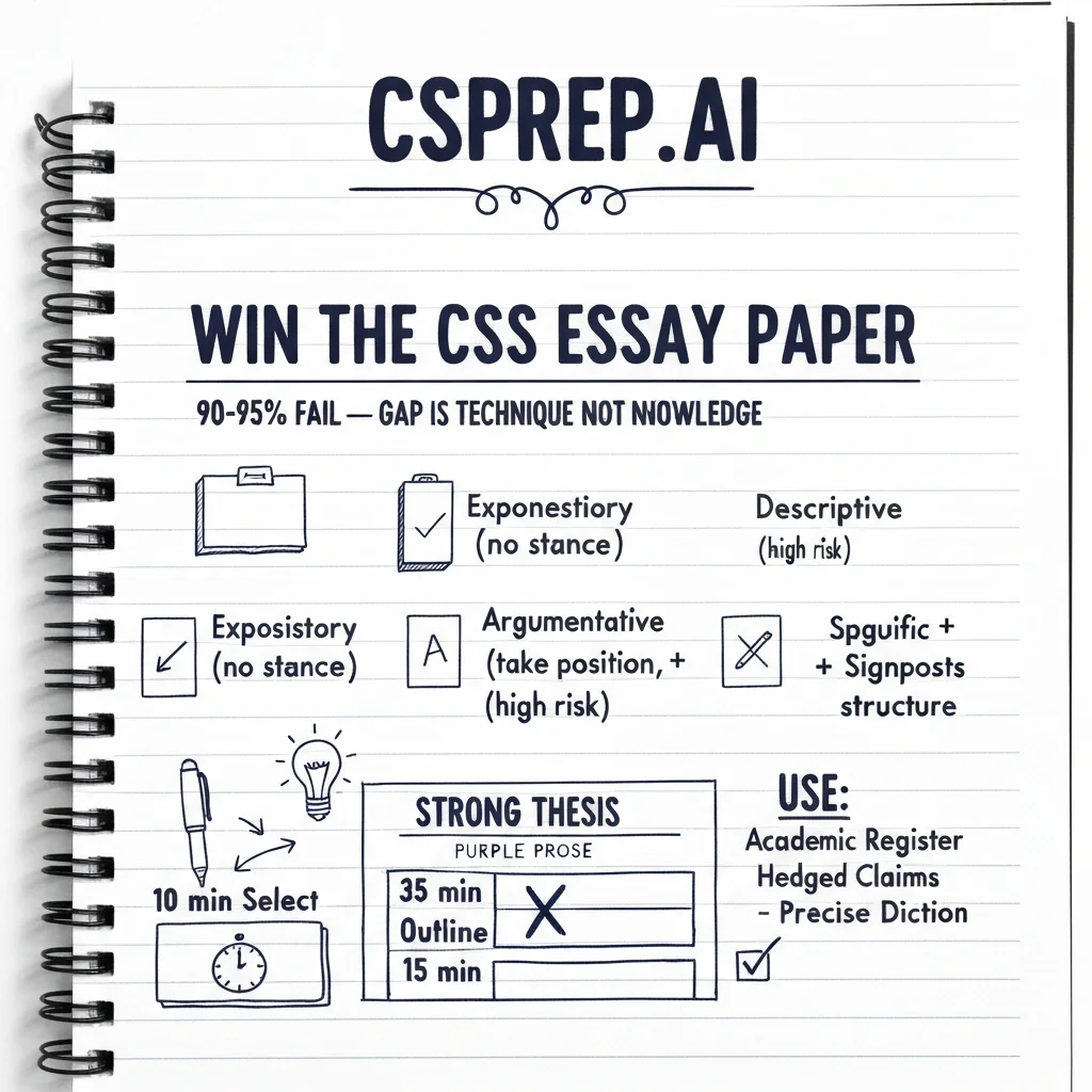 CSSPrep.AI infographic: mastering CSS English essay 2027 — structure, thesis, PEEL, vocabulary, and time management
